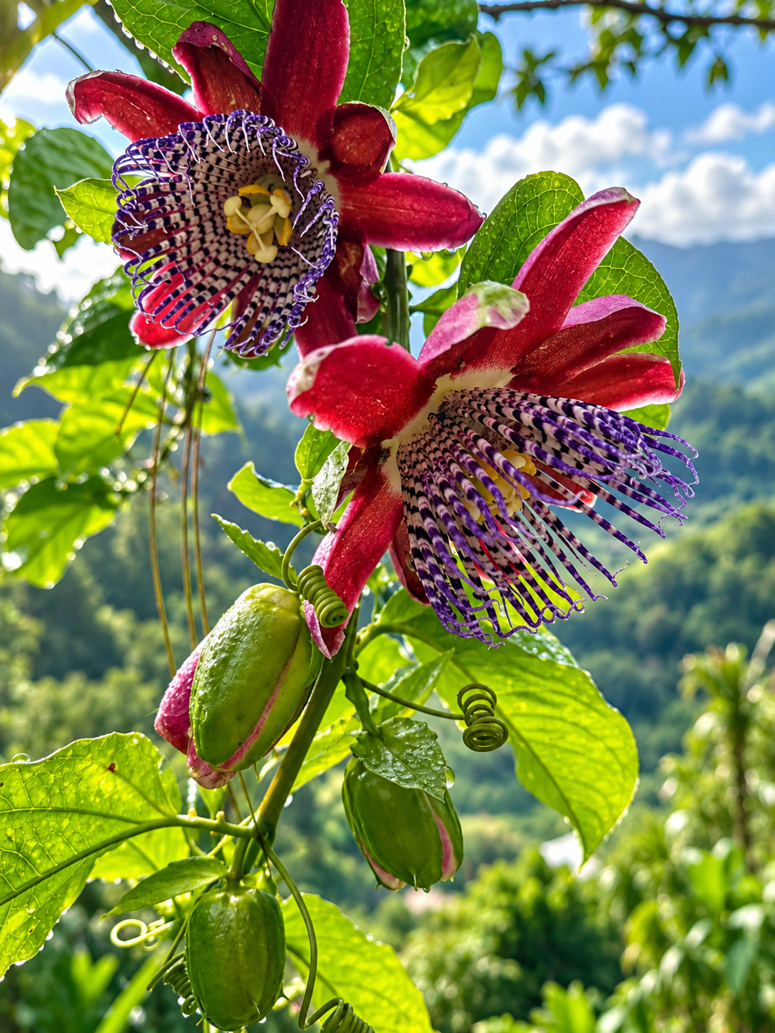 Passion flowers growing in the lush mountains of Ecuador